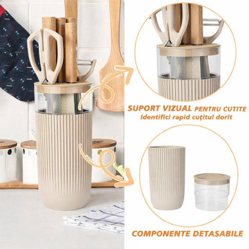 Set 7 piese bucatarie cu 4 cutite, foarfeca, curatator si suport organizator crem striat