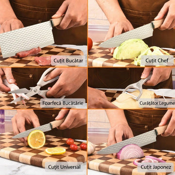 Set 7 piese bucatarie cu 4 cutite, foarfeca, curatator si suport organizator crem striat
