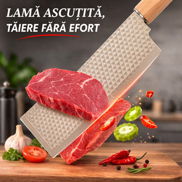 Set 7 piese bucatarie cu 4 cutite, foarfeca, curatator si suport organizator crem striat