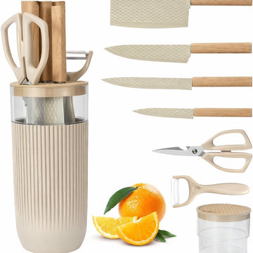 Set 7 piese bucatarie cu 4 cutite, foarfeca, curatator si suport organizator crem striat