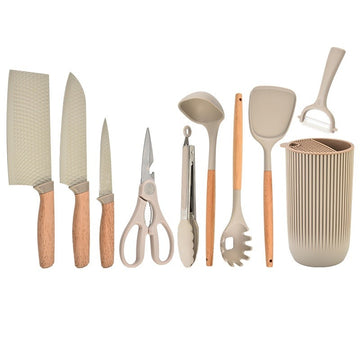 Set bucatarie 10 piese cu ustensile din silicon, cutite si accesorii, cu suport organizator striat