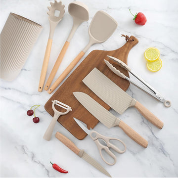 Set bucatarie 10 piese cu ustensile din silicon, cutite si accesorii, cu suport organizator striat