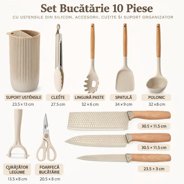 Set bucatarie 10 piese cu ustensile din silicon, cutite si accesorii, cu suport organizator striat