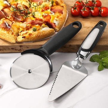 Set feliator pizza 2 in 1, roata pentru taiere si spatula de servire, din otel inoxidabil si manere ergonomice