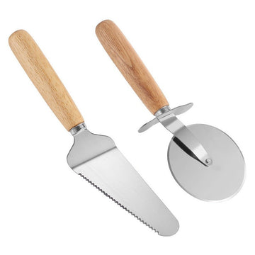Set feliator pizza 2 in 1, roata pentru taiere si spatula de servire, din otel inoxidabil si manere Lemn