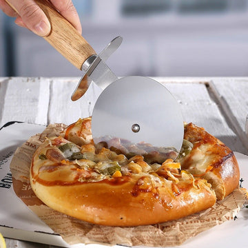 Set feliator pizza 2 in 1, roata pentru taiere si spatula de servire, din otel inoxidabil si manere Lemn