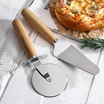 Set feliator pizza 2 in 1,roata pentru taiere si spatula de servire ,din otel inoxidabil si manere Lemn