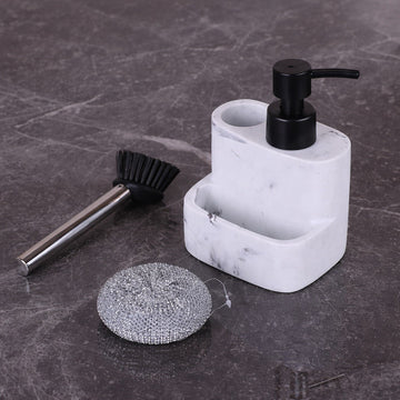 Dispenser 3 in 1 din polirasina cu efect marmura, pentru detergent lichid cu perie si burete