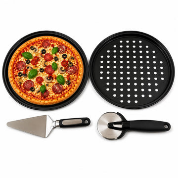 Set complet 4 în 1 pentru pizza cu 2 tăvi perforate, feliator și spatulă pentru servire