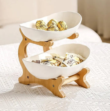 Suport etajat alb cu 2 nivele cu boluri ceramice